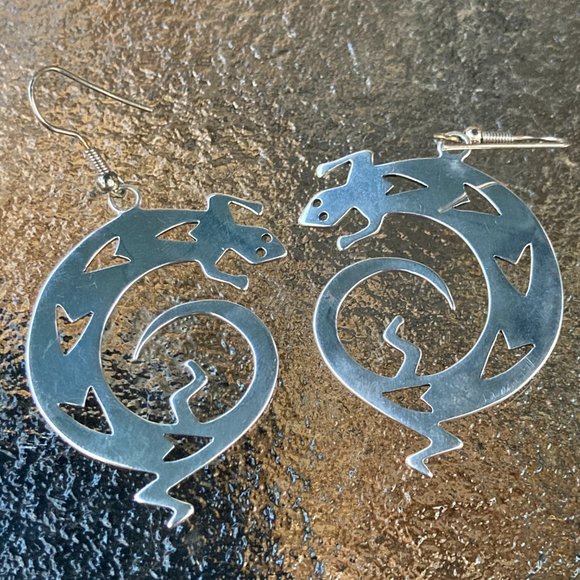 Large vintage sterling silver gecko lizard sterling silver dangle earrings - Picture 1 of 4